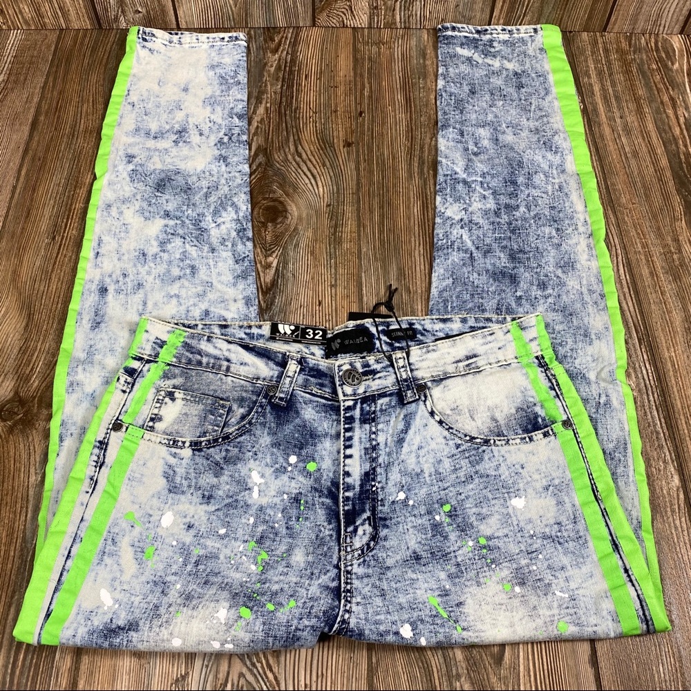 Neon Stripe Print Skinny Fit Denim Blue Wash-Green